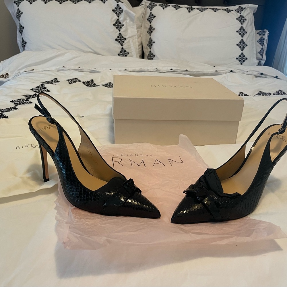 Alexandre Birman Black Snakeskin Clarita Slingback Heels
